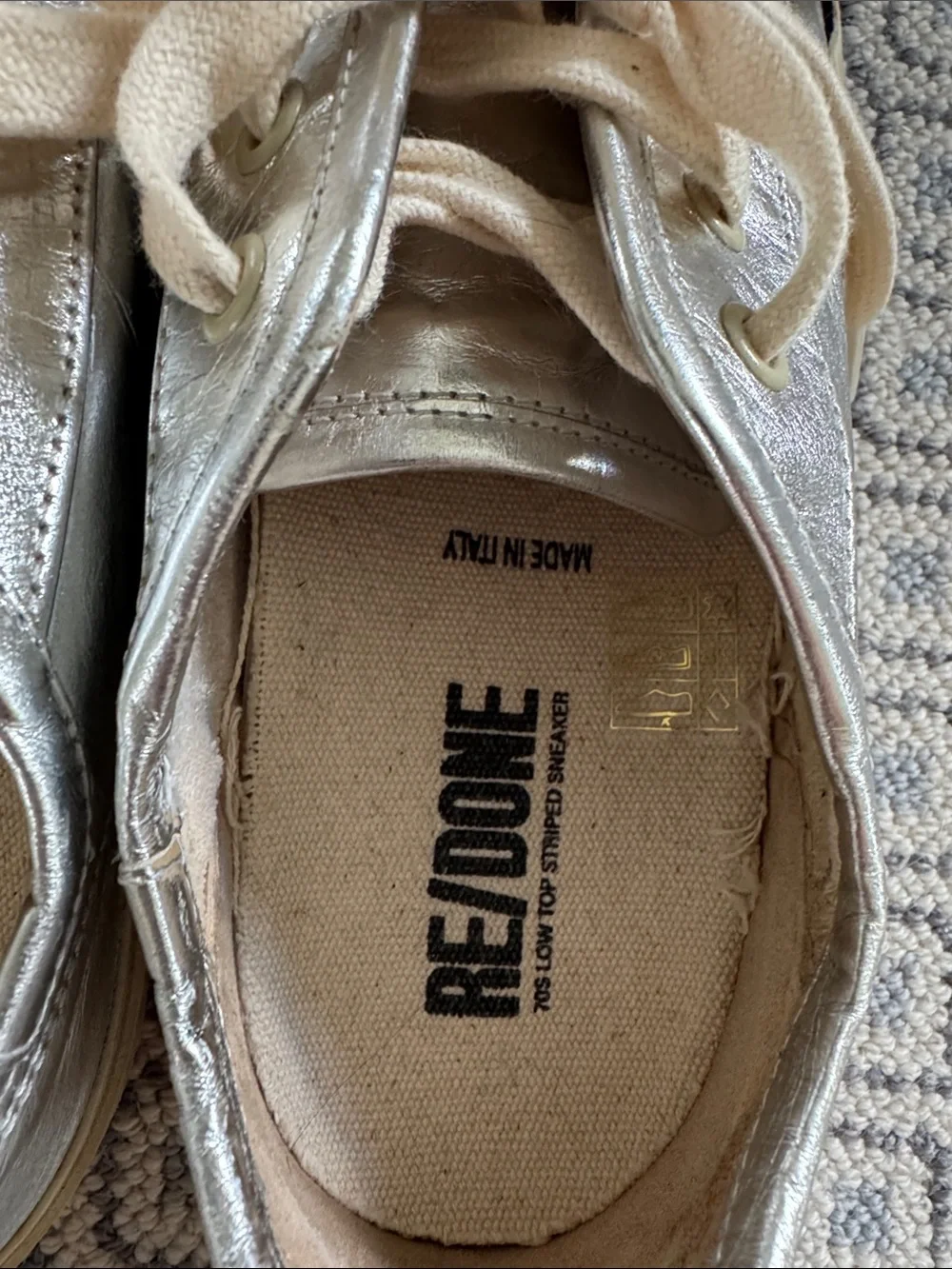 Re/Done Silver Sneakers with Black & White Stripe Detail
